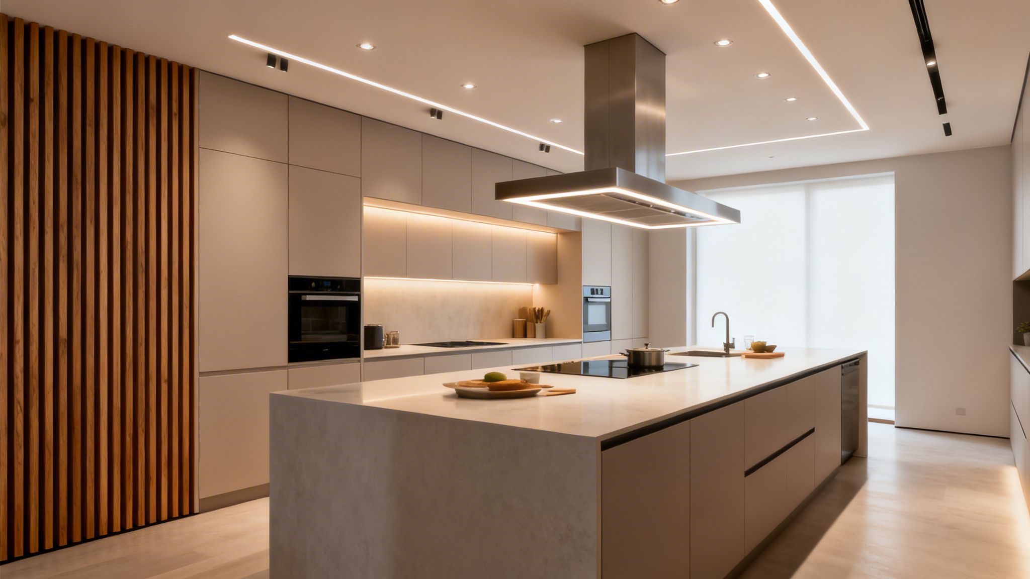 Moderna cocina abierta con gabinetes claros, isla central, pared de madera y luminarias empotradas.