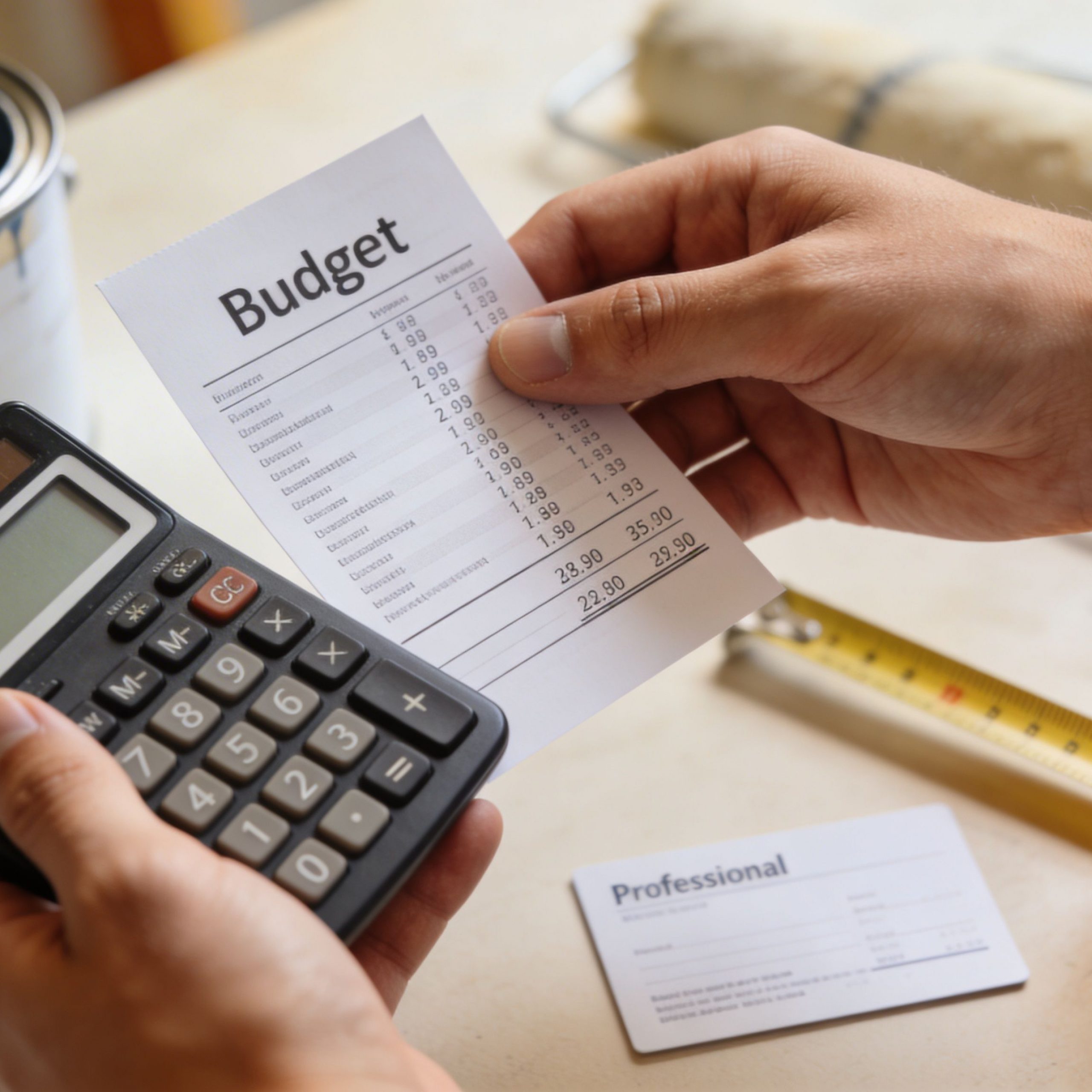 Una persona sostiene una calculadora y una lista de presupuesto para pintar la fachada de una casa.