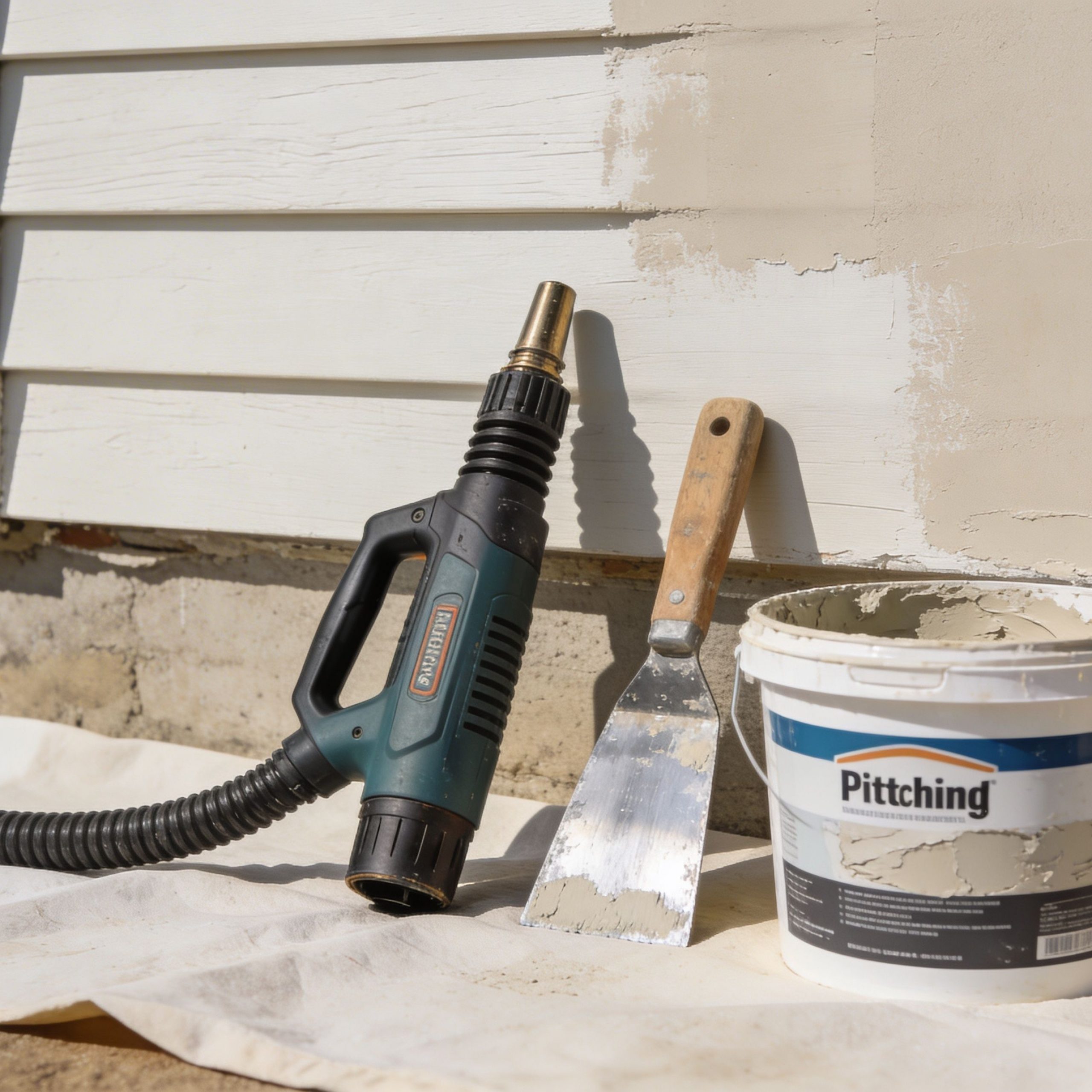 Herramientas de reparación y pintura apoyadas sobre una lona frente a una pared de casa en exteriores.