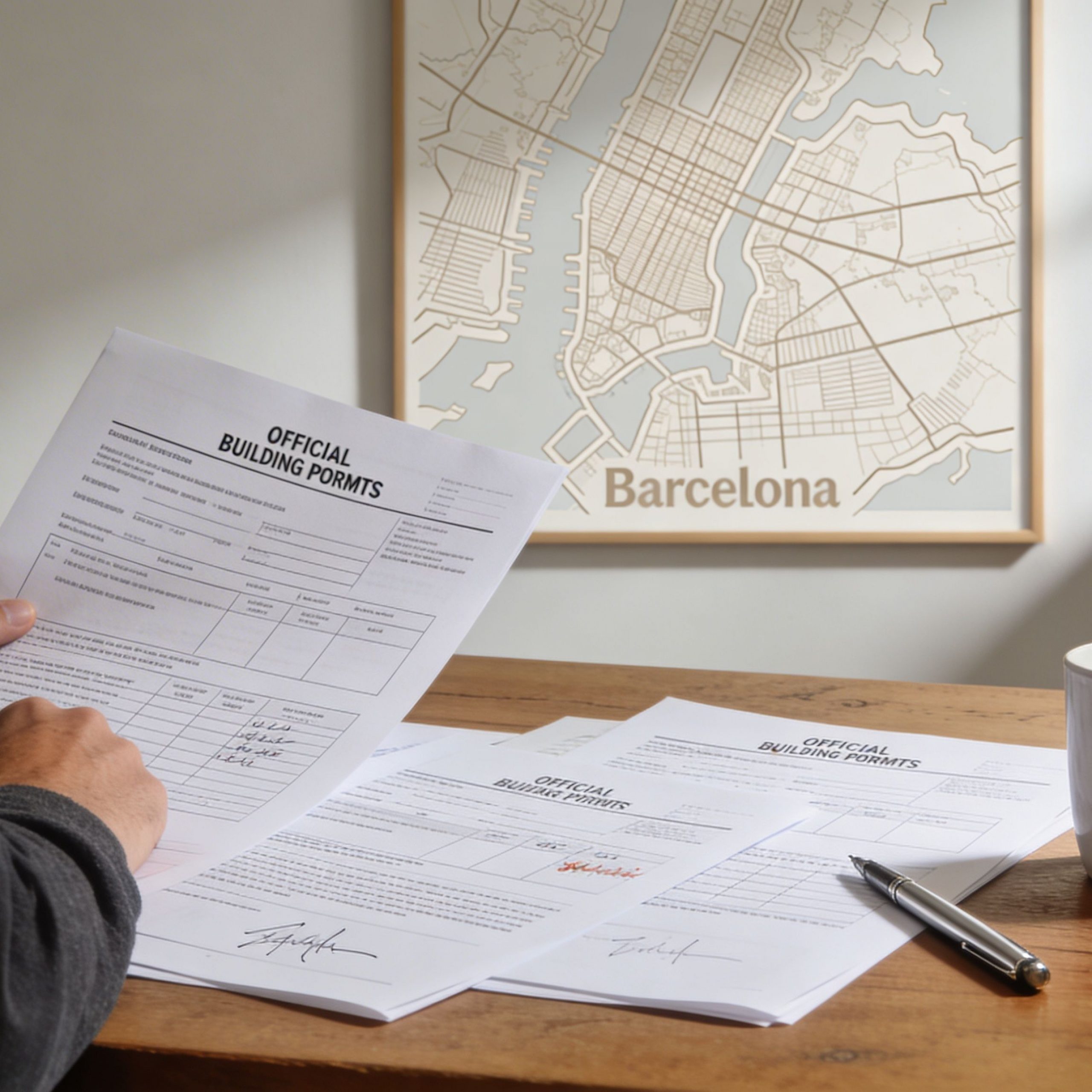 Un hombre sentado a una mesa revisando formularios oficiales de permisos de construcción en su despacho.