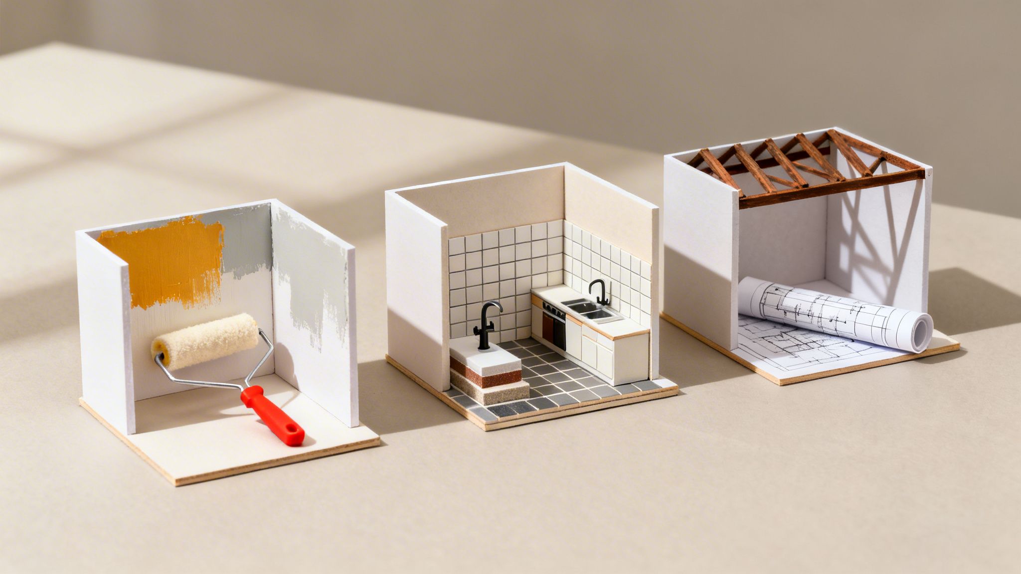 Modelos de habitaciones en miniatura mostrando las etapas de la reforma de una casa: pintura, cocina y planos.