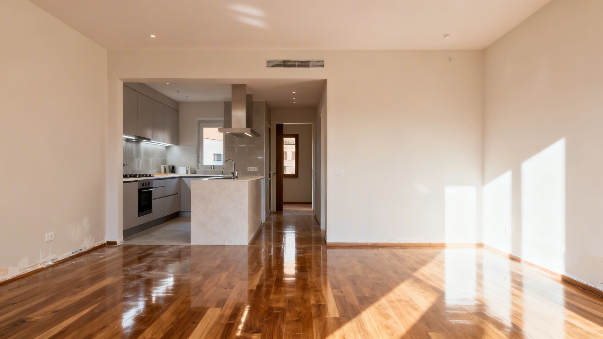 Vista de un salón espacioso y luminoso con suelo de madera brillante que conecta con una cocina moderna.