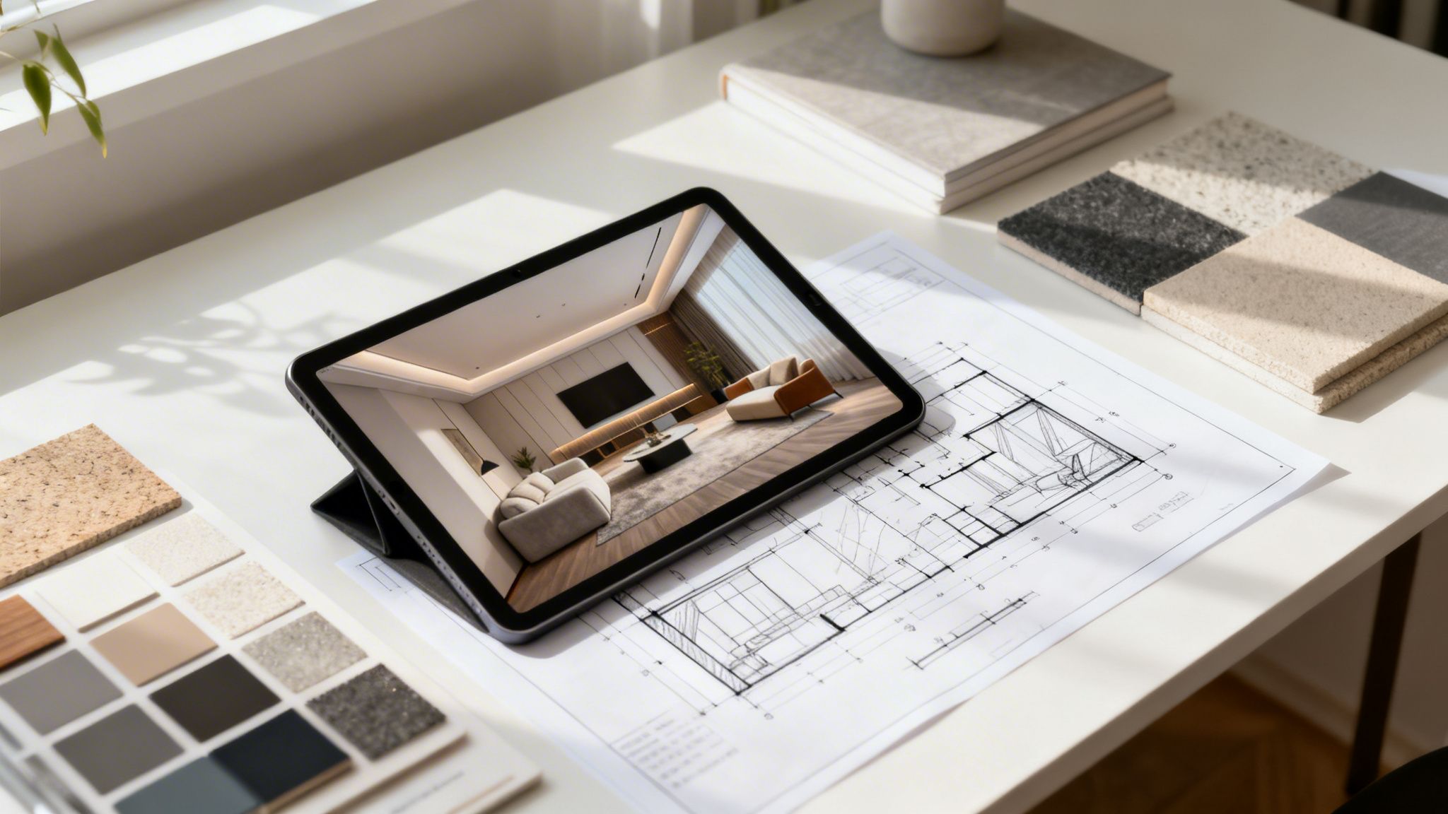 Una tableta sobre planos arquitectónicos y muestras de materiales para proyectos de diseño interior de viviendas.