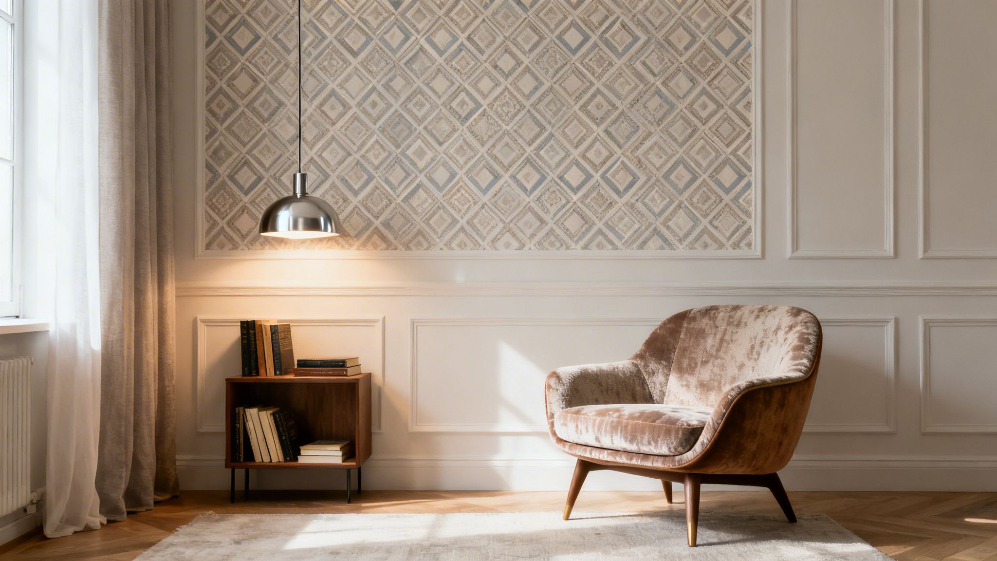 Sillón de terciopelo marrón elegante junto a una pequeña mesa de madera con libros en salón luminoso