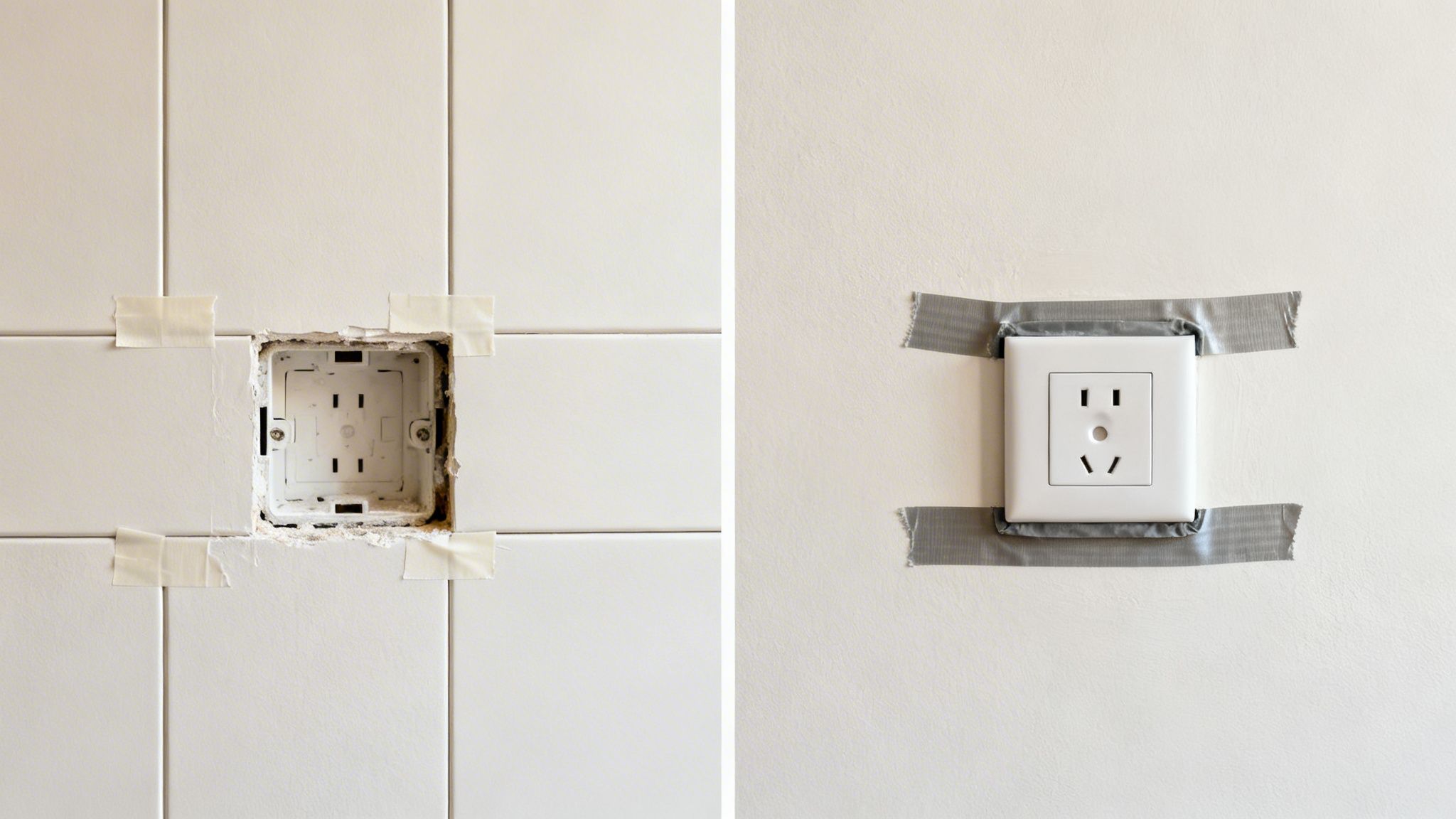 Dos escenas de instalación eléctrica: una caja en azulejos, otra toma de corriente fijada con cinta.