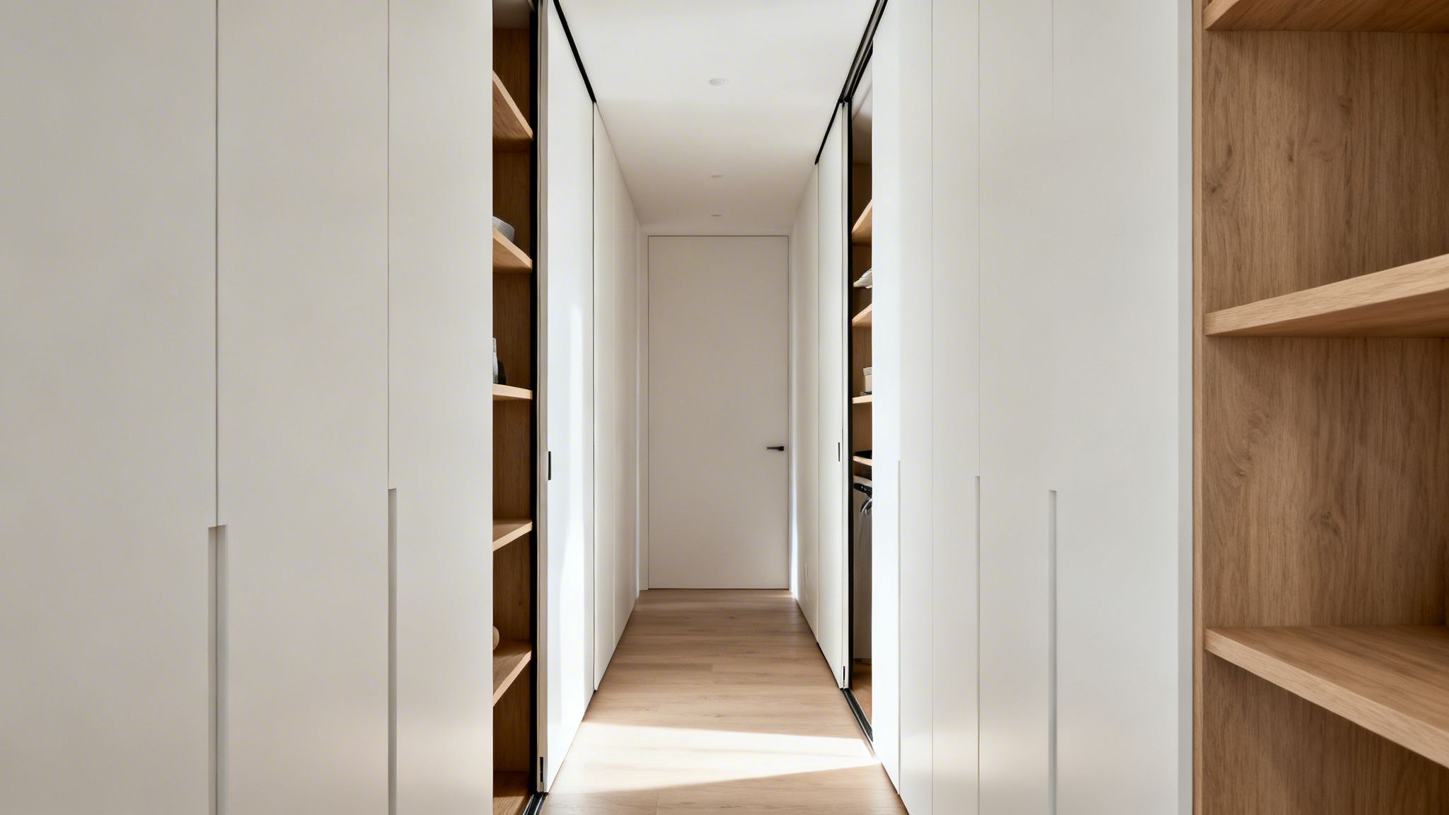 Pasillo moderno con armarios blancos y estantes de madera empotrados, creando un vestidor funcional.