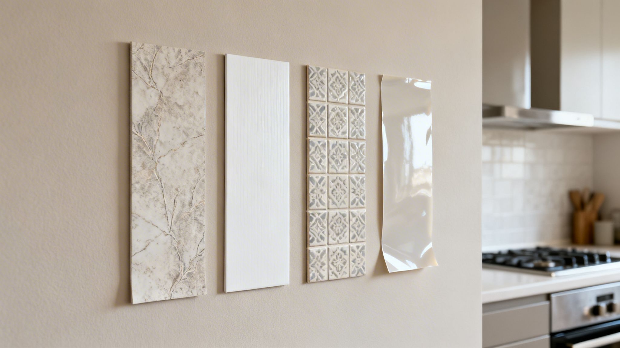 Muestras de revestimientos de pared para una cocina moderna, incluyendo azulejos y texturas.